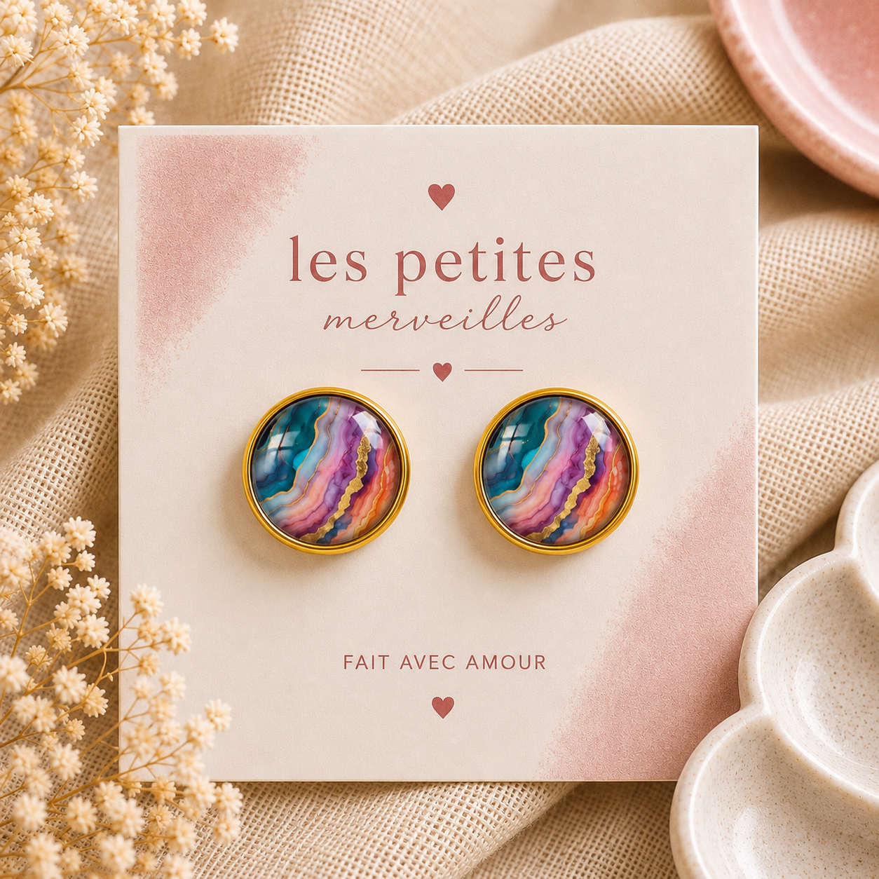 Boucles d’oreilles – Agate Arc-en-ciel Dorée 🌈 PRÉCOMMANDE ✨