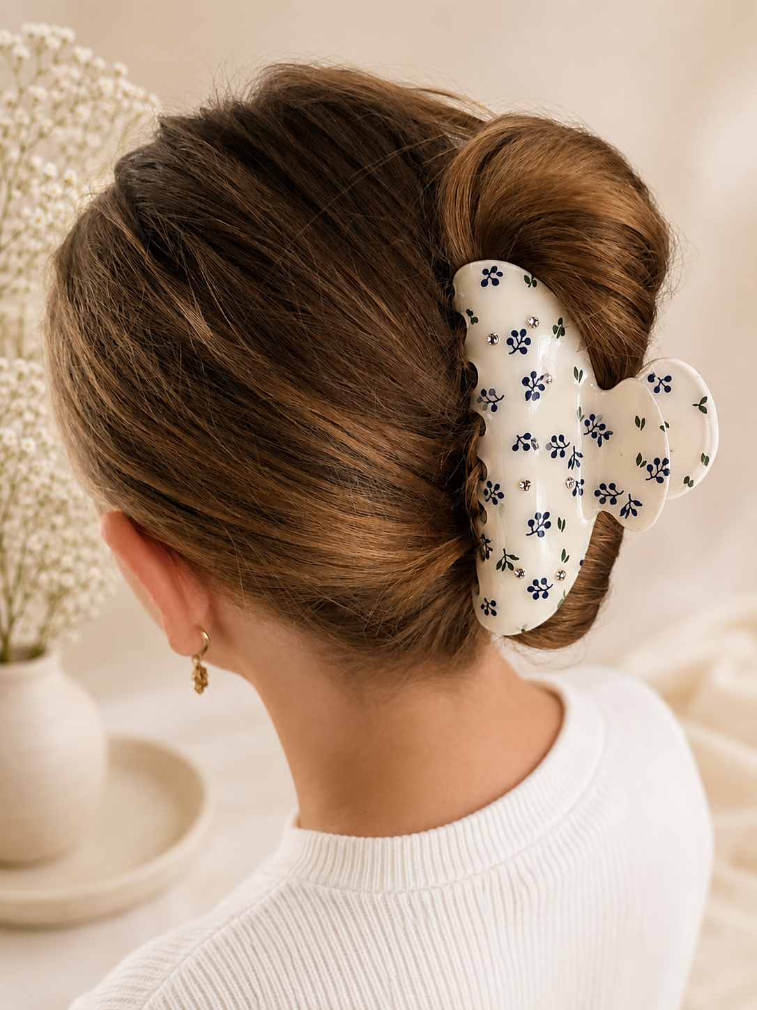 Pince à cheveux florale ivoire & bleu 🌿💙