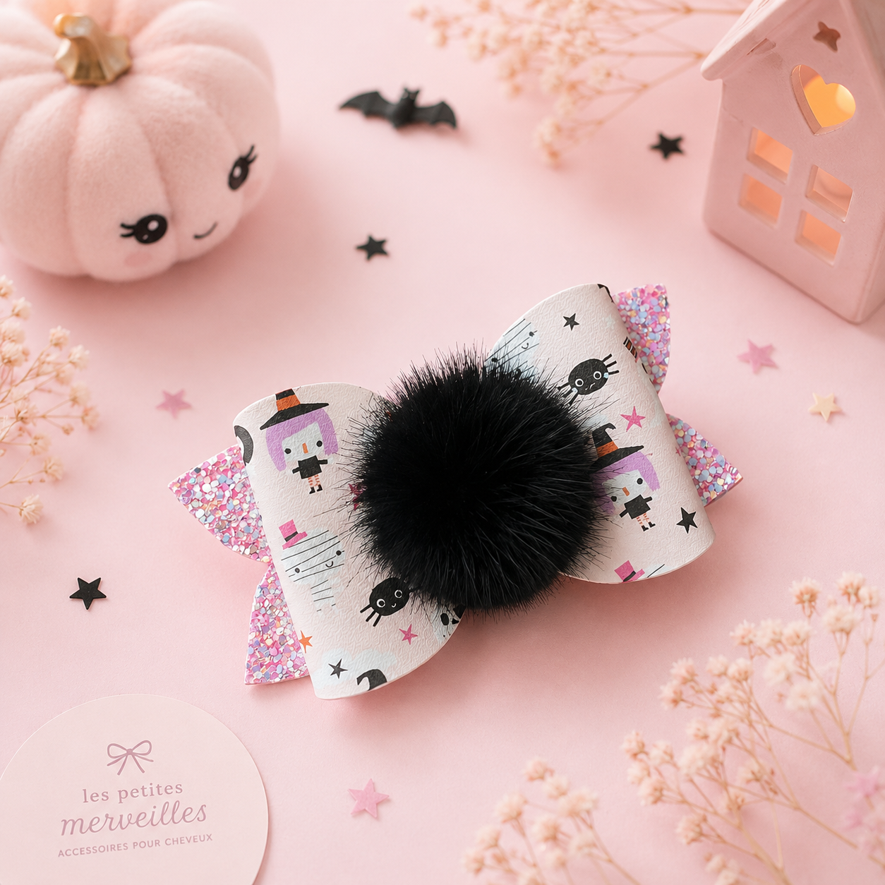 Boucle à cheveux Pompon magique – Collection Halloween 🖤✨
