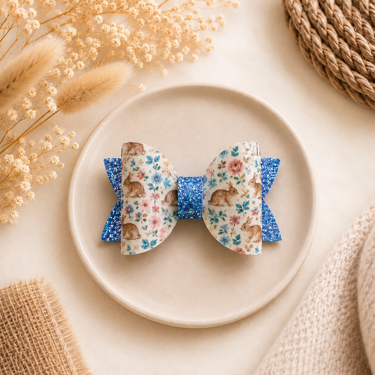 Boucle Lapins Fleuris Bleu Scintillant 💙