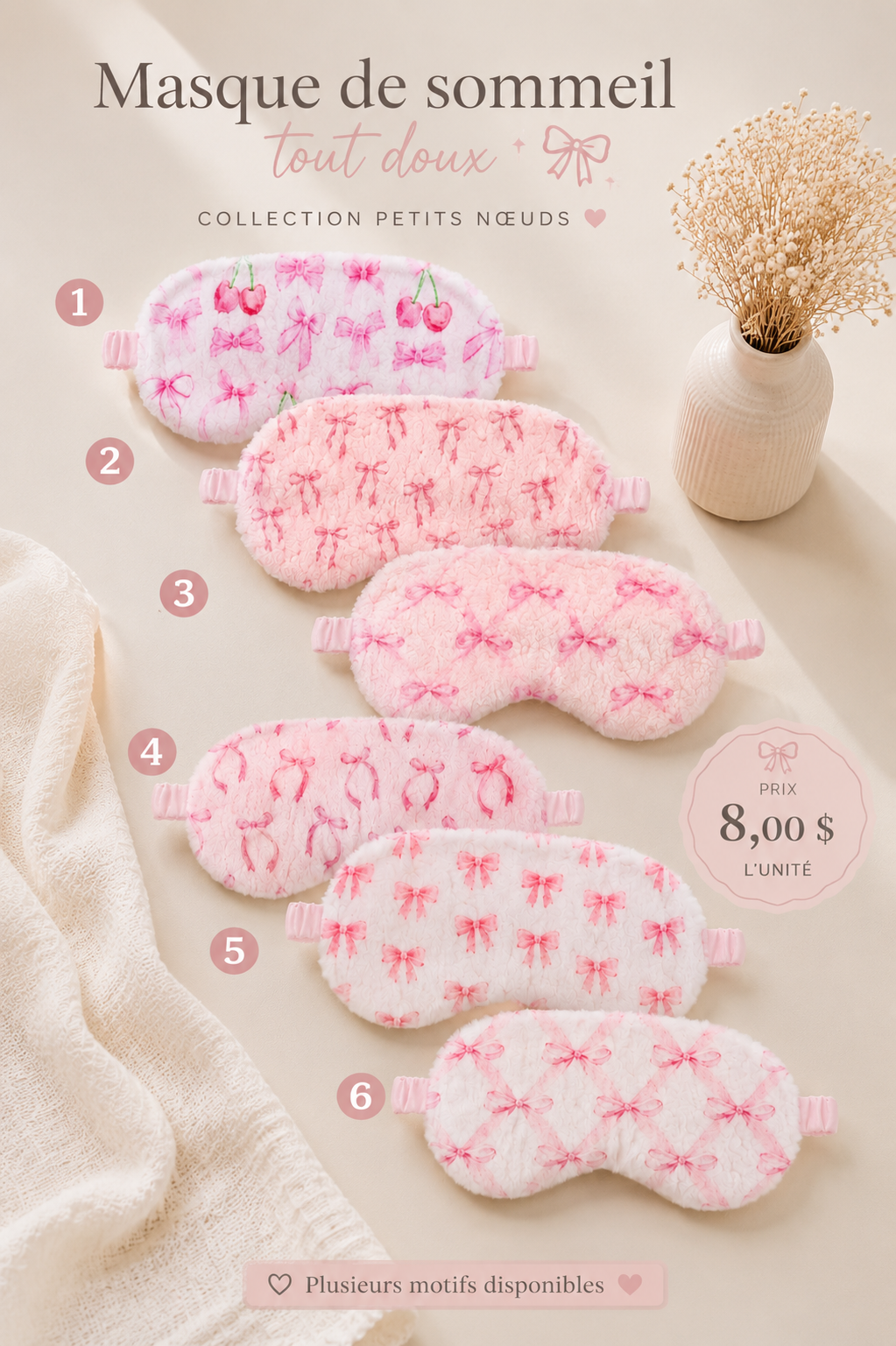 Masque de sommeil tout doux – Collection Petits Nœuds 🎀