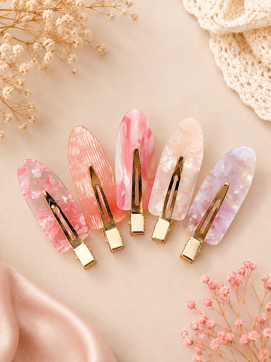 Lot de 5 pinces à cheveux effet marbré – Douce Rosée 💖